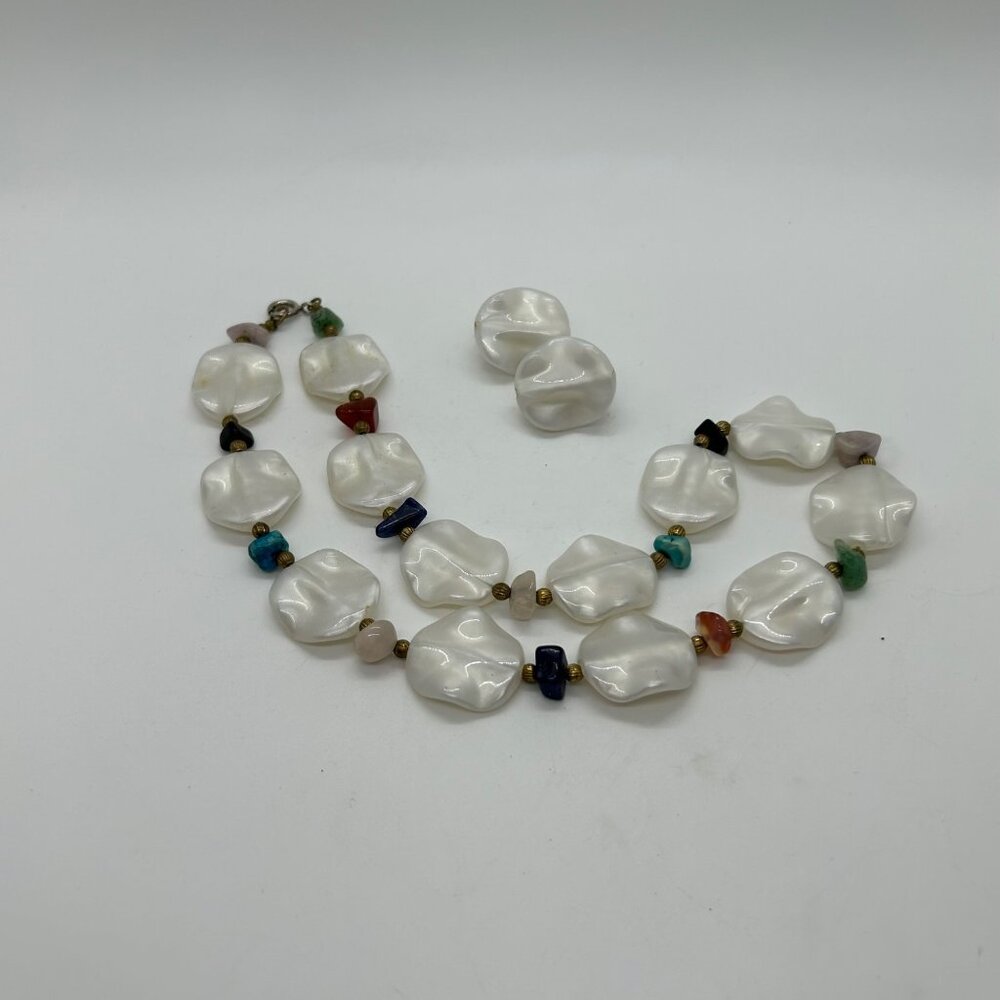 Vintage Acrylic Beaded Necklace Earrings White With Colorful Accents Plastic Set - Picture 2 of 11